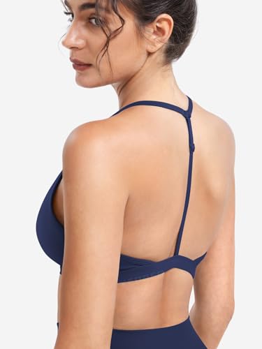 Image of YEOREO CoreFlex Sports Bras for Women Strappy Padded Halter Open Back Light Impact Deep V Neck Yoga Workout Gym Tops