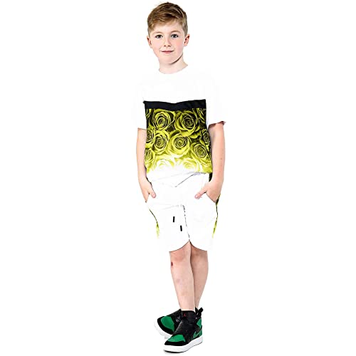 Conjunto infantil de dos piezas con top degradado amarillo y shorts deportivos en talla 11-12
