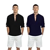 BMNXNNM 2PC Camisas de Lino para Hombre, Hombres Algodón Lino Henley Camisa, Cómodo y Transpirable, 4 Botones, Tanto de...