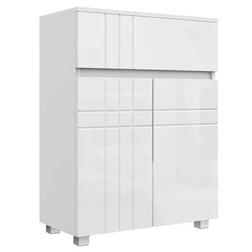 kleankin Meuble de Salle de Bain Meuble de Rangement sur Pied avec 1 tiroir, Placard et 2 Portes, étagère réglable, 60 x 30 x 80 cm, Blanc laqué