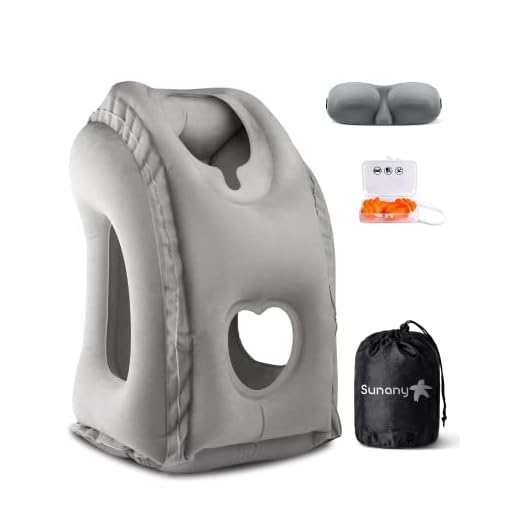 Sunany Inflatable Neck Pillow Used for Airplanes/Cars/Buses/Trains/Office Napping with Free Eye Mask/Earplugs (Gray), Small