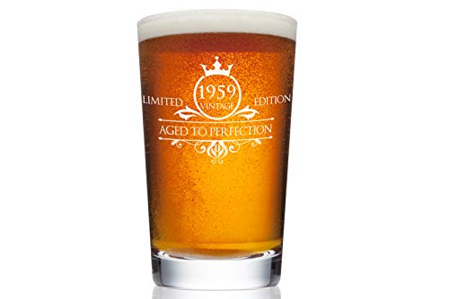 1959 60th Birthday Beer Pint Glass for Men or Women - Vintage Aged To Perfection Party Decorations - Funny Anniversary Gift Idea for Him, Her, Mom, Dad Husband or Wife - 16 oz Craft IPA Bar Mug