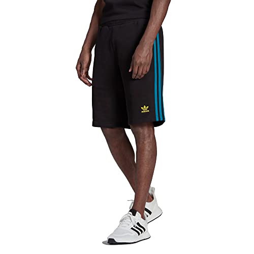 Short Adidas 3 Stripes respirant en molleton noir et bandes bleu turquoise M