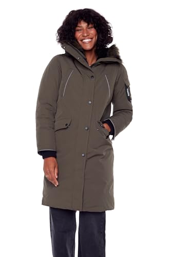 ALPINE NORTH Women’s Navy Vegan Down Long Parka Jacket - Water Repellent, Windproof, Warm Insulated Winter Coat with Faux Fur Hood,Olive, Medium