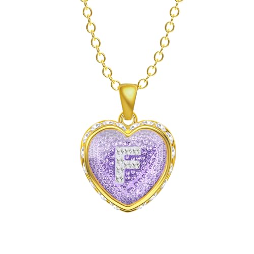 Ahiller Heart Initial Necklace,Crystal Diamond Letter Pendant,19"-21" Adjustable Necklaces for Women Trendy Name Jewelry Purple Gold F