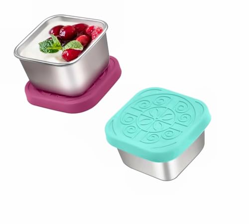 Image of Stainless Steel Snack Containers with Silicone Lids, Small Square Sauce Cups for Bento Lunch Box, Leakproof Condiment Container for Kids & Adults, Set of 2 (Multicolor)