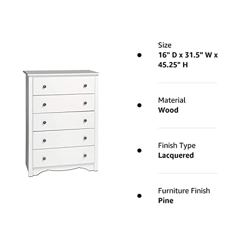 Prepac Monterey, 2-Door Armoire, White & Monterey 5-Drawer Chest For Bedroom, 16" D X 31.5" W X 45.25" H, White #TOP6