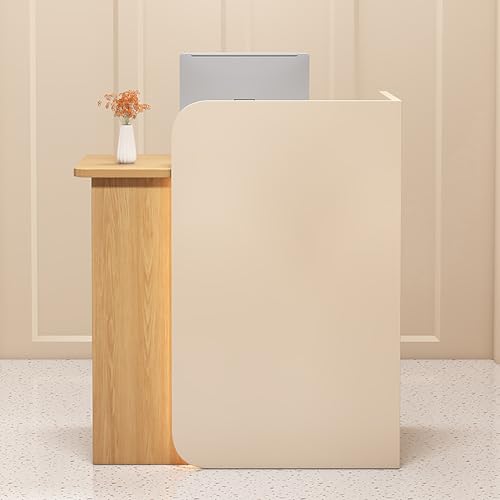 Escritorio de recepción de madera con cajones y armario - Mostrador de recepción de oficina para tiendas hoteles y salas de reuniones - Acabado en madera beige y natural - Lado izquierdo 60 × 45 × 100