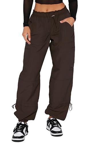 DISCIPBUSH Cargo Pants Women Baggy - Parachute Pants for Women Rave Y2K Festival Outfits Hiking Camping Essentials Chocolate Brown XS