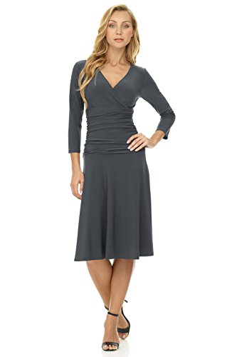Rekucci Women's Slimming 3/4 Sleeve Fit-and-Flare Crossover Tummy Control Dress