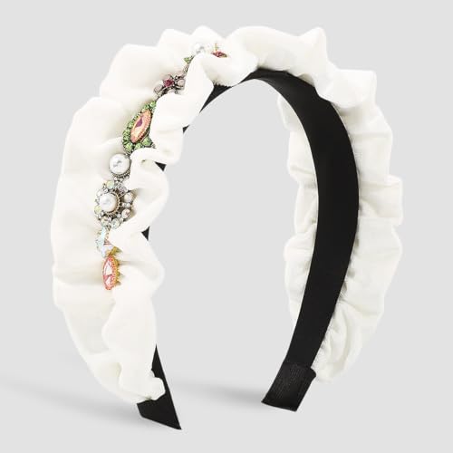XSDIAQG ダイヤモンド ベルベット ヘッドバンド、フリル付き木製イヤーエッジ ヘッドバンド(White)