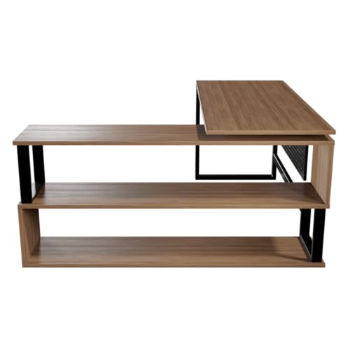 Image of Riyan Luxiwood Hunter L-Shaped Executive Office Desk with Integrated Storage Shelves & Perforated Privacy Panel - Premium Wood Finish & Industrial Metal Frame for Home Office & Professional Workspace
