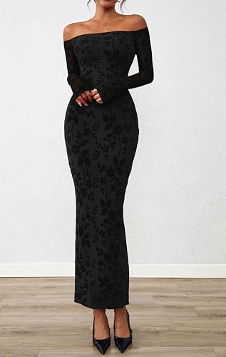 PRETTYGARDEN Womens Off The Shoulder Floral Maxi Bodycon Dress Fall Long Sleeve Mesh Fitted Long Formal Wedding Guest Dresses2