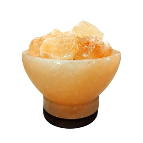Lámpara de Sal del Himalaya con formas, con Base de Madera, Cable y Bombilla - Natural 100% - Hecha a Mano. (CUENCO PEQUEÑO)