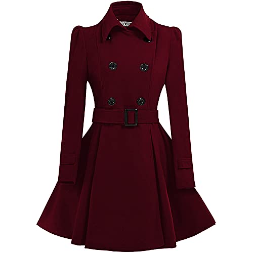 ForeMode Women Swing Double Breasted Wool Pea Coat with Belt Buckle Spring Mid-Long Long Sleeve Lapel Dresses Outwear
