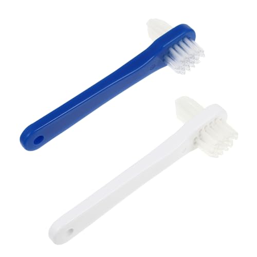 - 2 cepillos para prótesis higiénicos y falsos dientes, cepillo de limpieza de doble cara (blanco + azul)