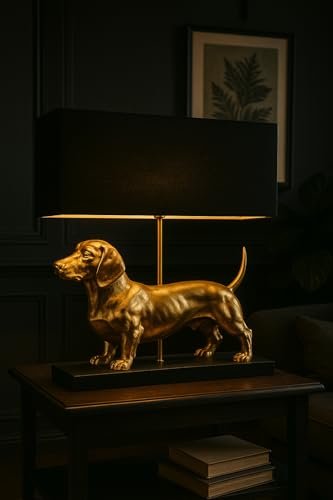 PALAZZO INT Tischlampe „Villa Dachshund“ – Dackel Lampe in Gold mit Stoffschirm | Design-Tischleuchte mit Hundefigur | Handbemalt | E27-Fassung max. 60W | 60 cm breit