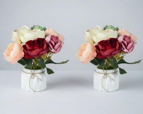 Image of Dekorly Artificial Lavender Plant in White Pot, 18cm - Realistic Faux Flower Arrangement for Home & Office Decor (Set of 1) (2, Peony)