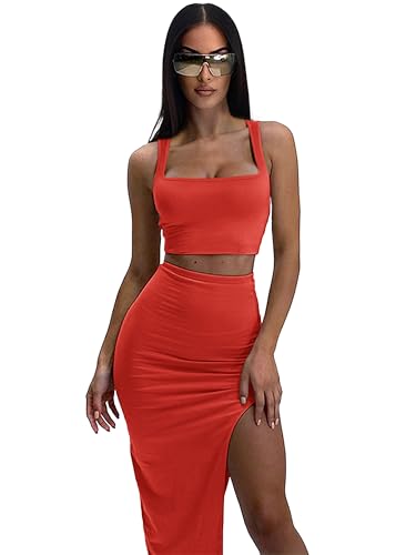 Image of ELLEVEN Two Piece Maxi Skirt Sets for Women, Square Neck Tank Tops with High Side Slit Dress Sets Summer Outfits