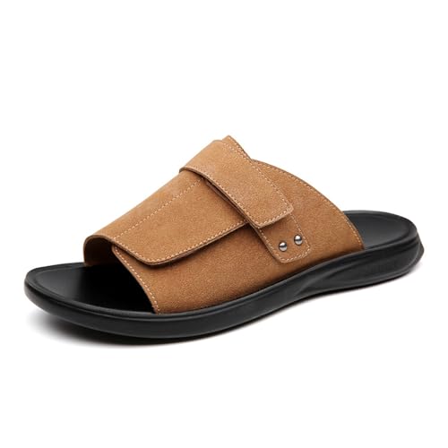 Men'S Leather Flat Summer Casual Driving Slippers Comfortable Round Toe Soft Sole Non-Slip Slip-On Beach Fashion Slippers