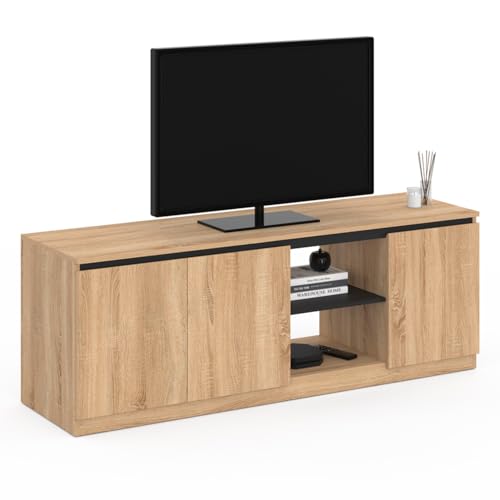 IDMarket - Meuble TV TOMI 3 Portes Bois façon hêtre et Noir 140 cm