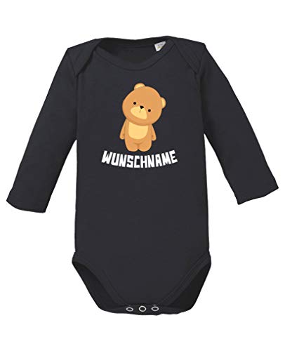 Comedy Shirts - Clipart Bär - Wunschname - Baby Langarm Body - Schwarz/Weiss Gr. 86/92