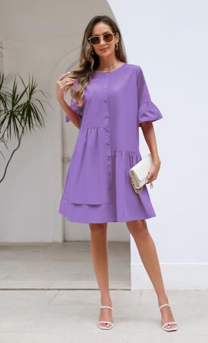 Image of Choichic Button Down Shirt Dresses for Women with Pockets Flare Bell Sleeve A-Line Midi Tunic Dress