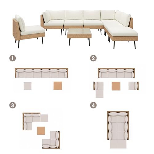 ENSTVER Outdoor Patio Sectional Furniture Set, 8 Piece Wicker Patio Furniture Wtih Extra Waterproof Cover, Conversation Patio Furniture with Thick Cushions for Garden, Backyard - Thumbnail 5