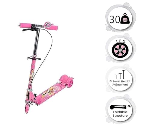 Image of Foldable Kick Skating Cycle LED Wheels | Kids 3 Wheel Kick Scooter with Adjustable Handlebar & Hight, Front Brake, Bell and Printed Deck | Skate Scooter for Kids Age 2-12 Years