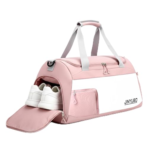 Image of NISUN Nylon 50cm Travel Duffle Bag Multi- Pocket Sports Shoulder Bag for Women with Wet Pocket & Shoe Compartment Weekender Overnight Travel Luggage Bag (Light Pink, 25x27x50cm)
