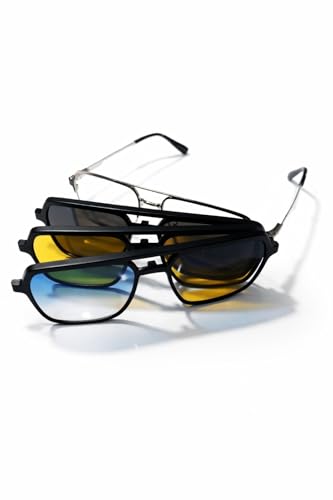 Image of Premium Tinted Eyeglasses with Magnetic Clip-On Sunglasses, 4-in-1, Matte Black Frame, Black Yellow Blue Lenses