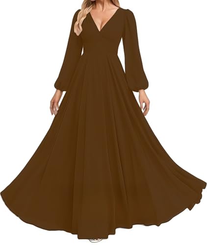 Women's Bridesmaid Dress V-Neck Long Lantern Sleeves Ruched Bust Floor Length Chiffon Formal Dresses