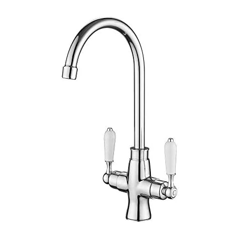 Nostalgie 2 Griffe Küche Spüle Wasserhahn Kupfer Küchenarmatur 360° Schwenkbar Retro Landhaus Spültischarmatur Kaltwasser Warmwasser Mischbatterie Spüle Küchen Armatur Messing Cover