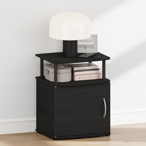 Image of Furinno Jaya Night Stand with Door, Nightstand, Blackwood | Open Shelf and Door Cabinet, Round Corner Bedside Table, Modern Side Table, End Table, for Bedroom, Closet, Dorm