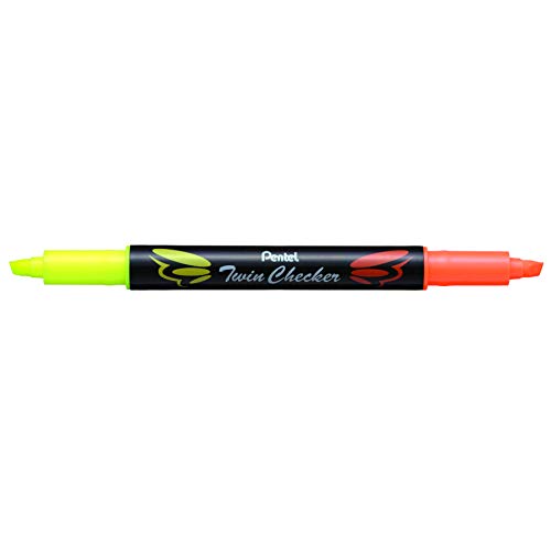 Pentel Twin Checker Dual-tip Highlighter, Chisel Tip, Yellow/Orange Ink, Pack of 12 (SLW8-GF)