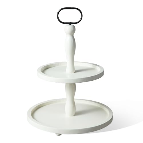 Glitzhome Rustic Round 2 Tiered Tray Stand, Decorative Wood Tiered Tray Table Decor, Farmhouse Tiered Tray Decor for Countryside Home Holiday Party Decoration, 18”H