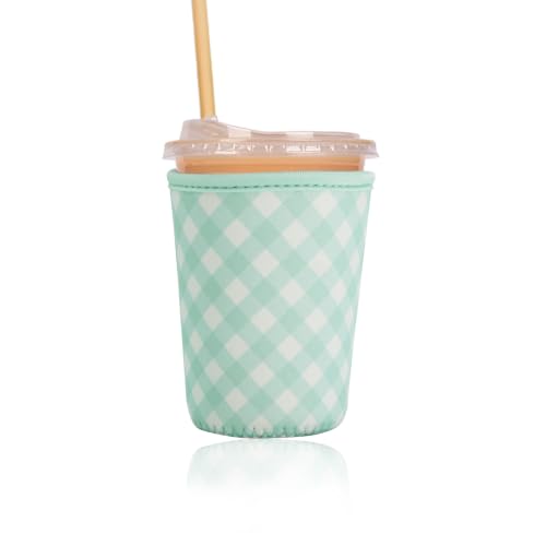 Image of Reusable Insulated Sleeve for Iced Coffee Cup, Coffee Neoprene Sleeve for Cold & Hot Drinks, Beverage Holder for Iced Coffee (Sage Gingham, Small: 16-18oz)