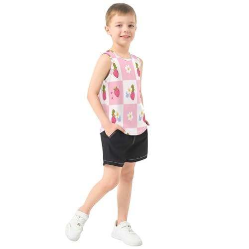 Bolaz Boys Athletic Quick Dry Tank Top Sleeveless Workout T Shirts Age 11-15,Flower Plaid Strawberry Pattern4