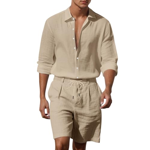 Survêtement en lin manche longue vêtement été short couleur unie