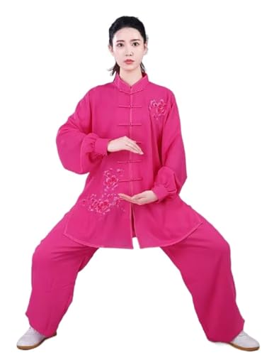 Vêtements Tai Chi en coton lin brodé rose : ensemble d'arts martiaux pour femme