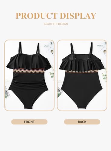 Eytino Womens Plus Size One Piece Swimsuit Ruffle Trim Tummy Control Bathing Suits Waist Striped Swimwear(1X-5X)4