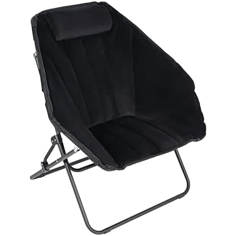 Domaker Oversized Folding Saucer Chair, Moon Round Camping Chair with Comfortable Velvet Pillow & Iron Frame, Portable Hexagon Dish Chair Foldable for Bedroom Dorm Office, Black(1 Pack) Cover