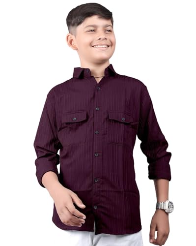 Image of ZilconKid Boy's Cotton Hawaiian Plain Double Pocket Shirt with Spread Collar Neck Full Sleeves Button Closure Curved Length | Shirt for Kids Boys