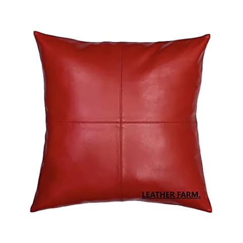 LEATHER FARM Thick Genuine Leather Pillow Cover RED Decorative for Couch Throw Pillow Case RED Leather Cushion Cover Solid Color (16''x16'') Cover