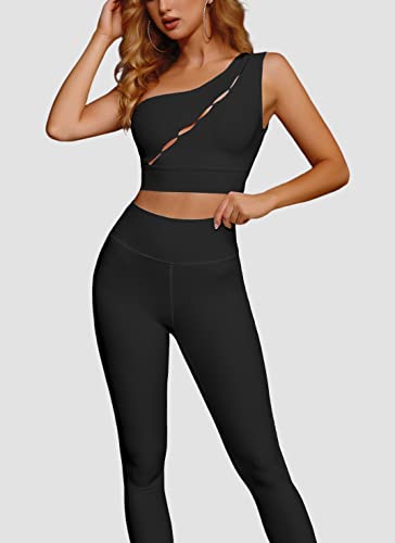 Workout Sets For Women Cut Out One Shoulder Seamless Sports Bra High Waisted Leggings Black M #TOP3