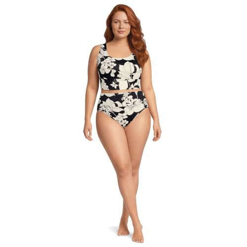 Lands End Womens Tugless Midkini Top and High Waisted Bottom Swimsuit Set X-Large Black/Egret Lilies