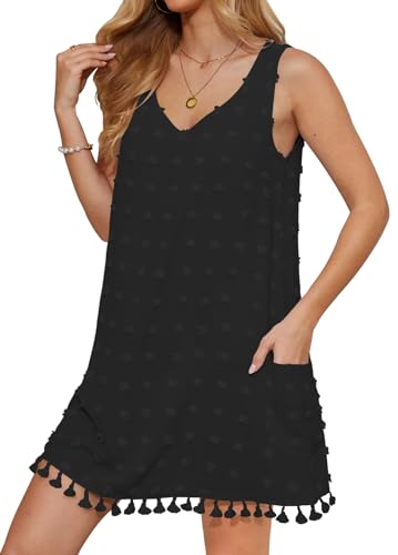 Yincro Womens Swimsuit Cover Up Swiss Dot V Neck Tank Beach Dress with Pockets
