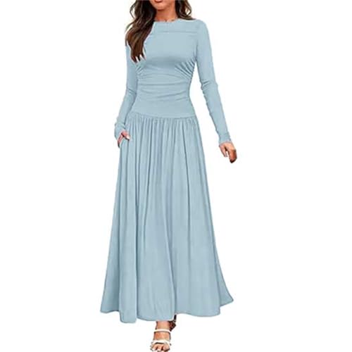 Generisch Strickkleid Damen Herbst Langarm Winterkleider Damen Elegant Lang Wollkleid Rundhals Bodycon Pulloverkleid Kräusaum Knöchellanges...