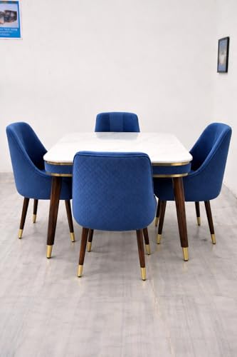 Image of WOODEN SPACE Wooden Dining Table with Nano Composite Marble Top & Solid Wood Base (Vento Yellow, 4 Seater, Modern Vento)