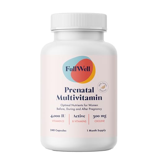 Image of FullWell Women's Prenatal Multivitamin with Lemon Essence - Healthy Pregnancy Support - Contains Choline & Folate - Supports Fetal Growth & Brain Development* - 240 Count (30 Servings)